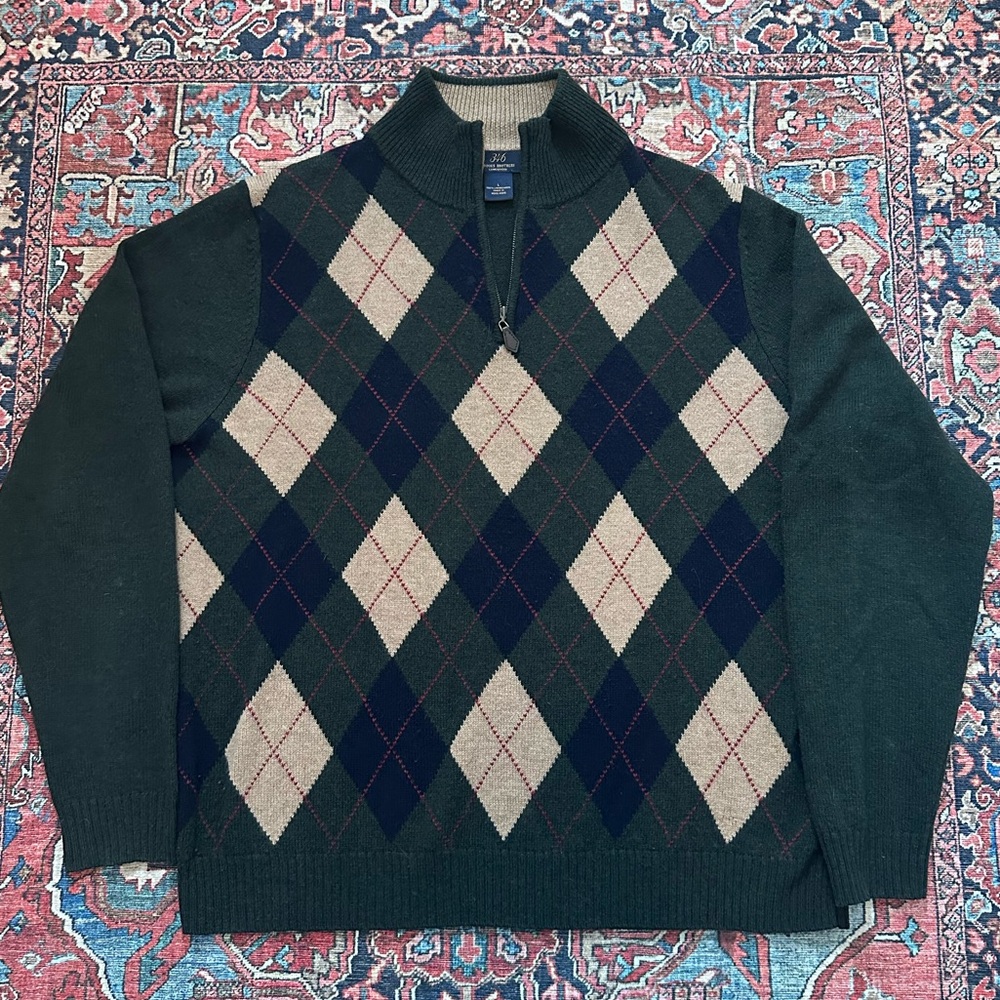 Brooks Brothers 346 100% Lambswool Green & Tan Argyle Quarter Zip Sweater Mens L